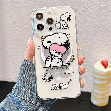 Cute Cartoon Snoopy MagSafe Holder Phone Case For iPhone 16 15 14 13 12 11 Pro Max Plus