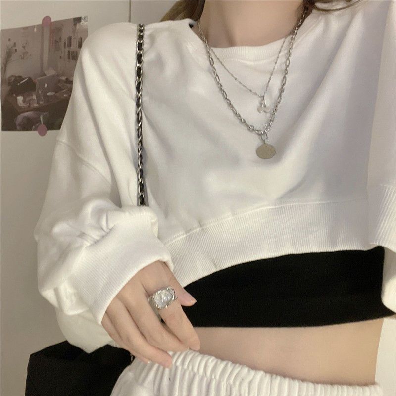 Basic Solid Stylish Streetwear Long Sleeve Loose Pullover Crop Sweatshirt Top