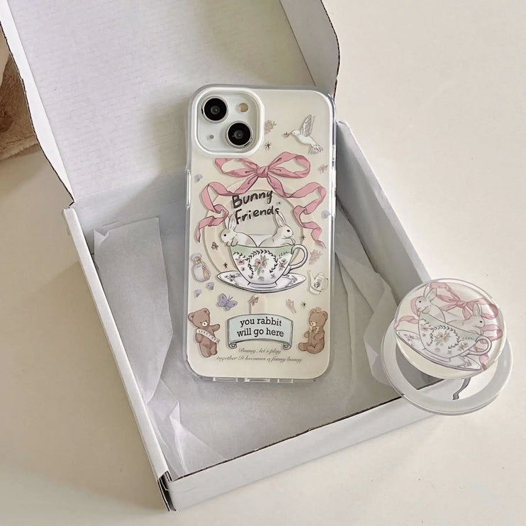 Lovely Tea Cup Rabbit Magnetic Holder MagSafe Phone Case Cover For iPhone 15 14 13 12 Pro Max