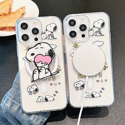 Cute Cartoon Snoopy MagSafe Holder Phone Case For iPhone 16 15 14 13 12 11 Pro Max Plus