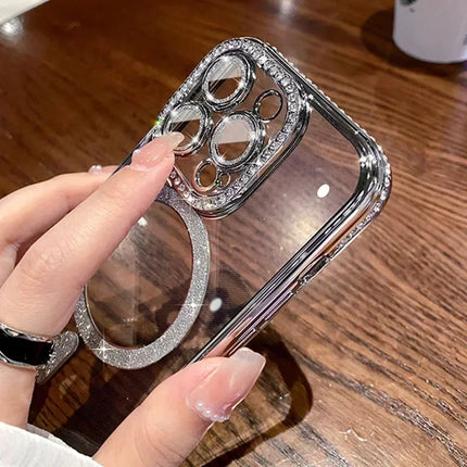 Luxury Diamond Glitter Clear Plating Magnetic Wireless Charing Phone Case Cover For iPhone
