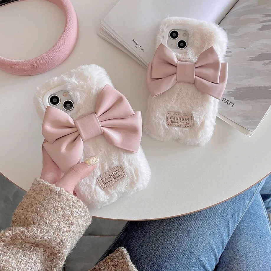 Cute Luxury Pink Bow Fluffy Fur Plush Phone Case for iPhone 15 14 13 12 11 Pro Max