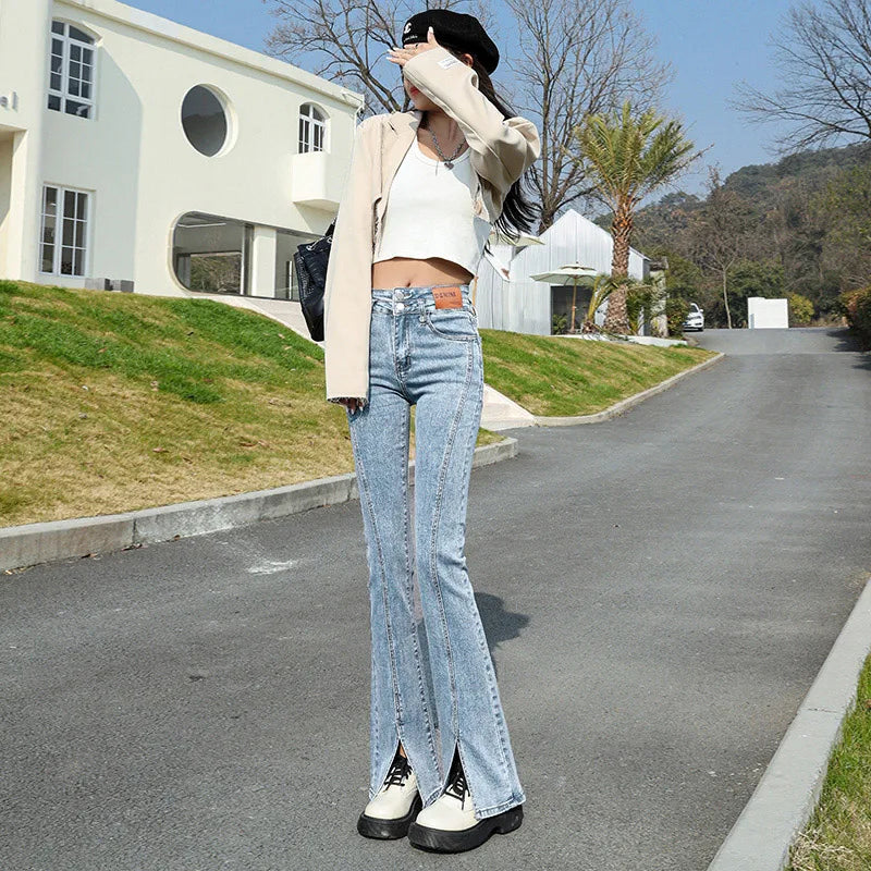 Stylish Trendy High Waist Stretch Slim Wide Leg Flared Boot Cut Denim Pants Jeans