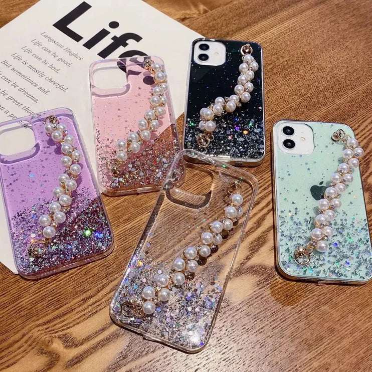 Glitter Luxury Pearl Chain Strap Soft Phone Case Cover For iPhone 15 14 13 12 11 Pro Max Plus Mini