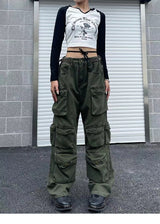 Stylish Multi-Pocket Cargo Pants Retro Street Fashion High Waist Wide Legs Casual Jeans