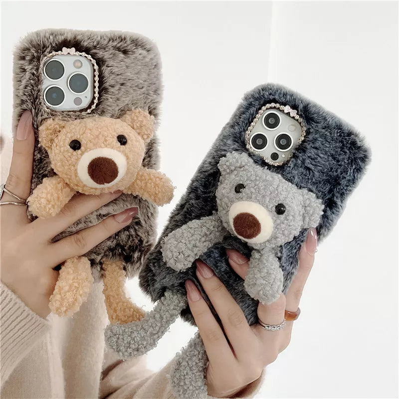 Adorable Cute Soft Teddy Bear Bunny Fluffy Phone Case Cover For iPhone 15 14 13 Pro 12 11 Pro Max 8 7 6S Plus SE