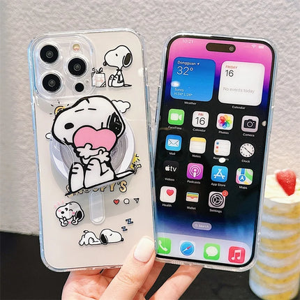 Cute Cartoon Snoopy MagSafe Holder Phone Case For iPhone 16 15 14 13 12 11 Pro Max Plus