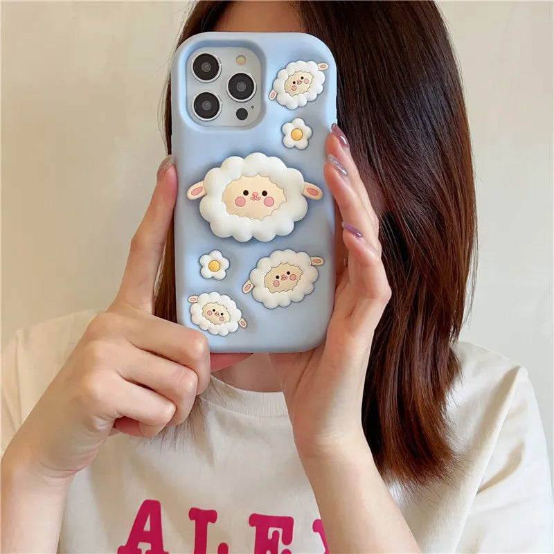 Cute 3D Sheep Daisy Holder Stand Phone Case Cover For iPhone 15 14 13 12 11 Pro Max