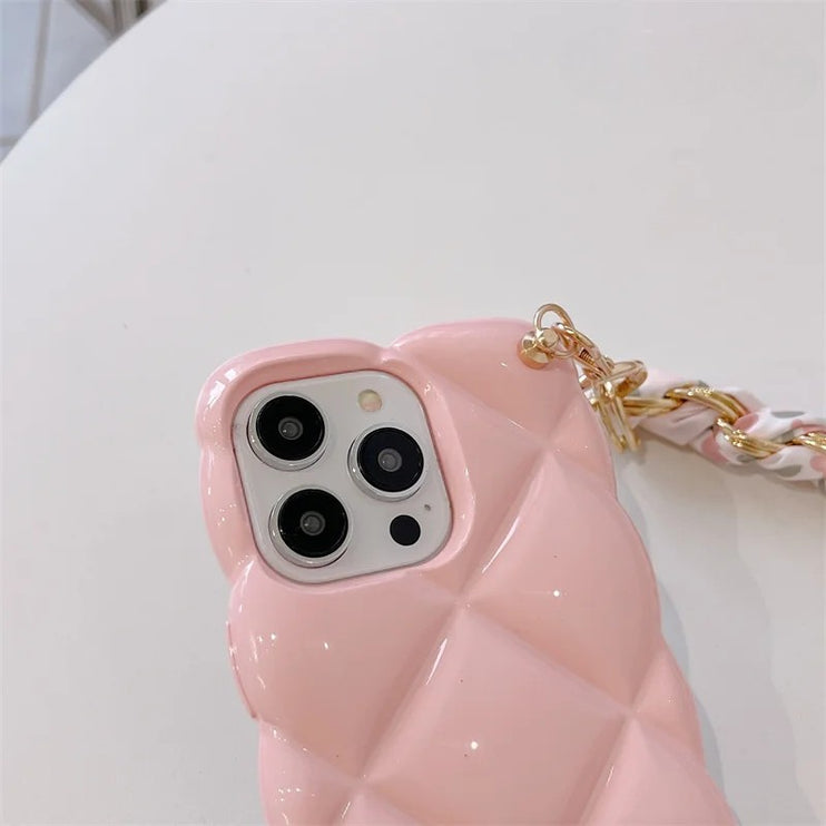 Beautiful Chic Lattice Pattern Silk Scarf Wristlet Chain Phone Case Cover iPhone 15 14 13 12 11 Pro Max