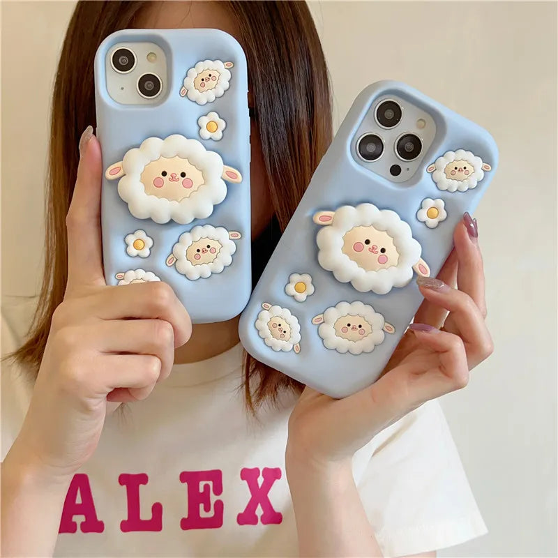 Cute 3D Sheep Daisy Holder Stand Phone Case Cover For iPhone 15 14 13 12 11 Pro Max