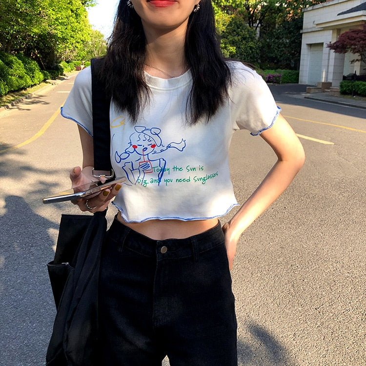 Cute Fashion Short Length Graphic Streetwear Crop Top T-shirt Tee