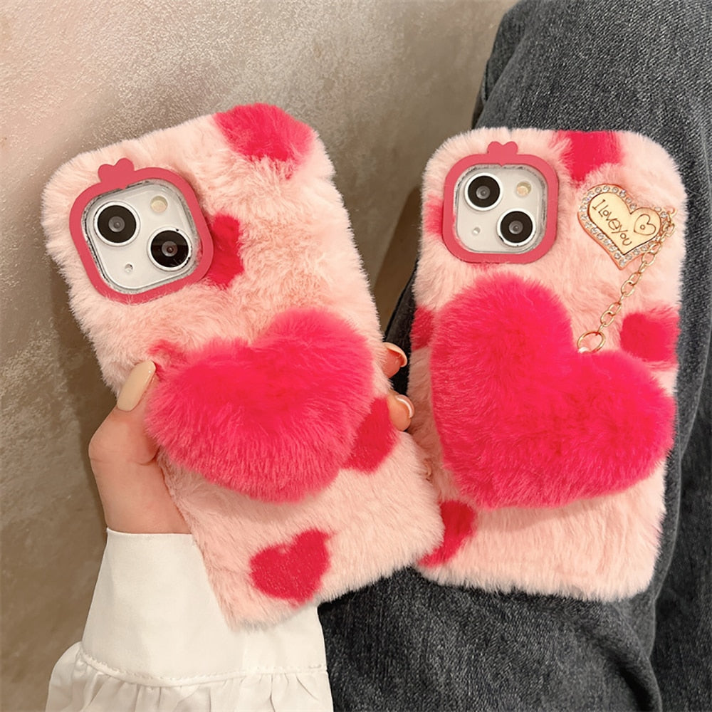 Beautiful Love Heart Design Fluffy Fur Plush iPhone Protective Phone Case Cover