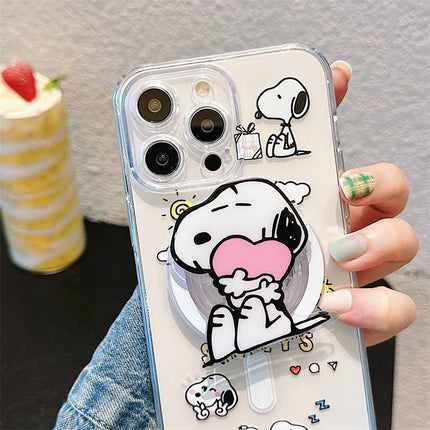 Cute Cartoon Snoopy MagSafe Holder Phone Case For iPhone 16 15 14 13 12 11 Pro Max Plus