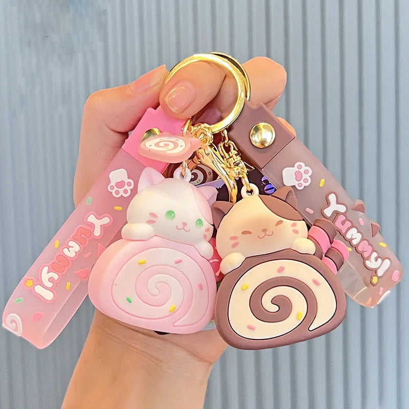 Cute Cat on Egg Roll Cake Keychain Phone Handbag Backpack Bag Charm