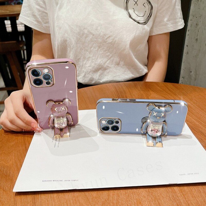 Cute Candy Bead Bear Holder with Wrist Ring Phone Cover Case For iPhone 14 13 Por Max Plus Mini