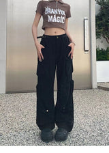 Stylish Multi-Pocket Cargo Pants Retro Street Fashion High Waist Wide Legs Casual Jeans