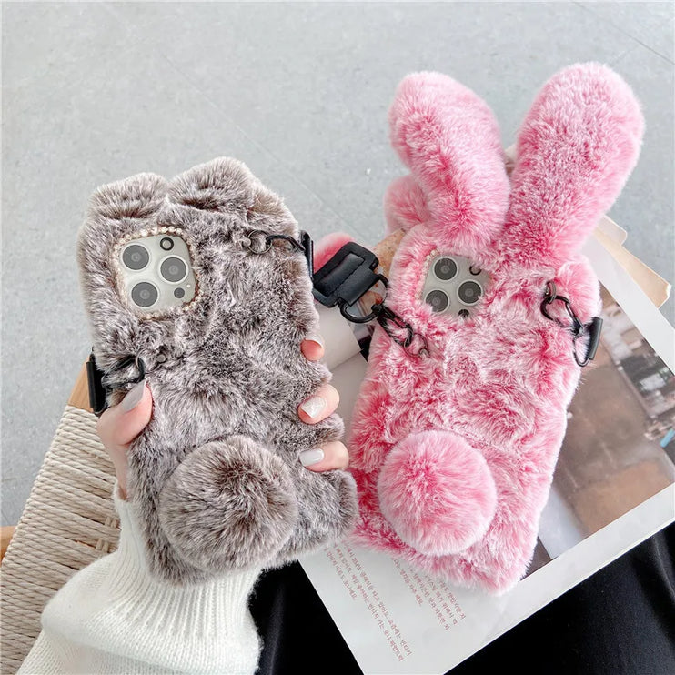 Adorable Fluffy Rabbit Plush Soft Fur Shoulder Strap Phone Case Cover For iPhone 15 14 13 12 Pro Max