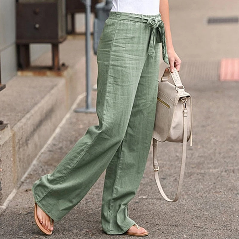 Solid Casual Cotton Linen Loose Wide Leg Fashion Trousers Pants