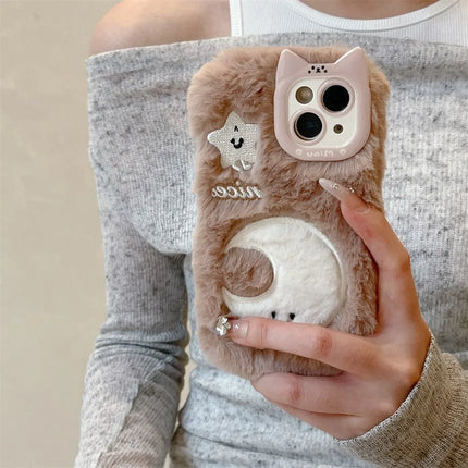 Cute Soft Furry Fluffy Plush Star Moon Phone Case Cover for iPhone