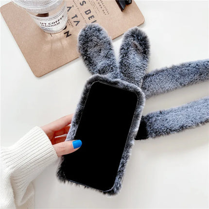 Adorable Fluffy Rabbit Plush Soft Fur Shoulder Strap Phone Case Cover For iPhone 15 14 13 12 Pro Max - Accessoriesforever