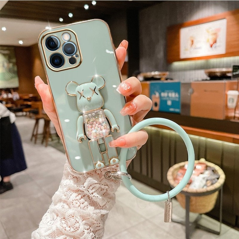Cute Candy Bead Bear Holder with Wrist Ring Phone Cover Case For iPhone 14 13 Por Max Plus Mini