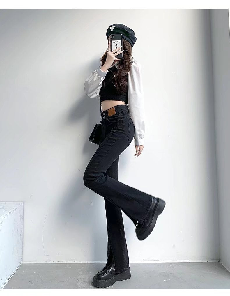 Stylish Trendy High Waist Stretch Slim Wide Leg Flared Boot Cut Denim Pants Jeans