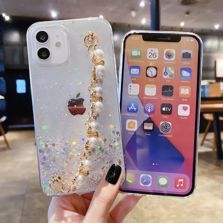 Glitter Luxury Pearl Chain Strap Soft Phone Case Cover For iPhone 15 14 13 12 11 Pro Max Plus Mini - Accessoriesforever