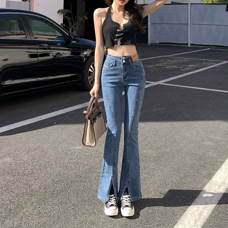 Stylish Trendy High Waist Stretch Slim Wide Leg Flared Boot Cut Denim Pants Jeans