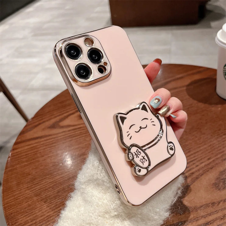 Cute Lucky Cat Folding Stand Phone Case Cover for iPhone 15 14 13 Pro Max Plus Mini