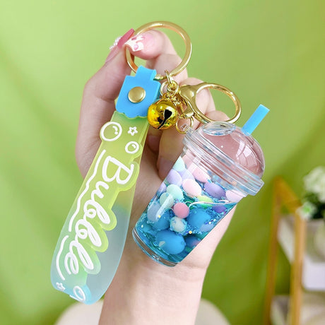 Cute Liquid Multi-colored Floating Bubble Boba Pearl Milk Tea Cup Jelly Bean Keyring Backpack Pendant Charm Keychain  
