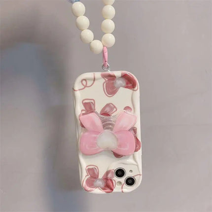 Beautiful Pink Bow Design Beaded Wristlet Strap Phone Case for Samsung Galaxy