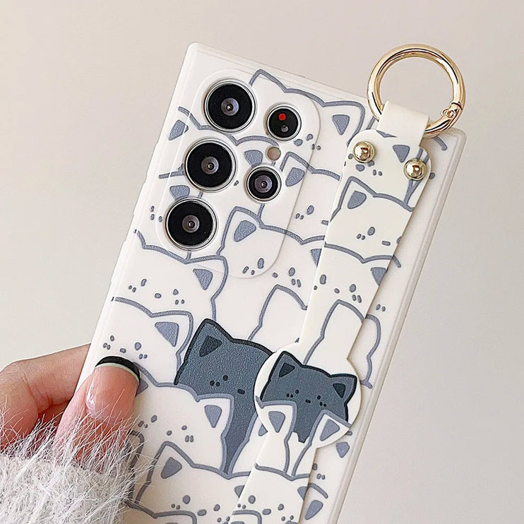 Adorable Animal Themed Cat Bear Wrist Strap Holder Phone Case Cover For Samsung S23 S24 S22 S21 S20 FE Plus Ultra Note 20 10
