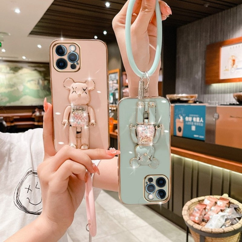 Cute Candy Bead Bear Holder with Wrist Ring Phone Cover Case For iPhone 14 13 Por Max Plus Mini