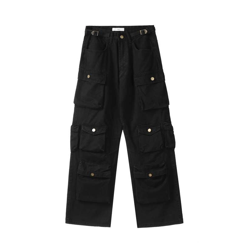Stylish Multi-Pocket Cargo Pants Retro Street Fashion High Waist Wide Legs Casual Jeans