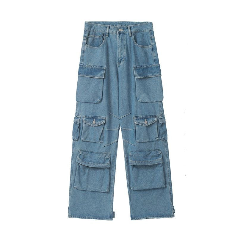 Stylish Multi-Pocket Cargo Pants Retro Street Fashion High Waist Wide Legs Casual Jeans