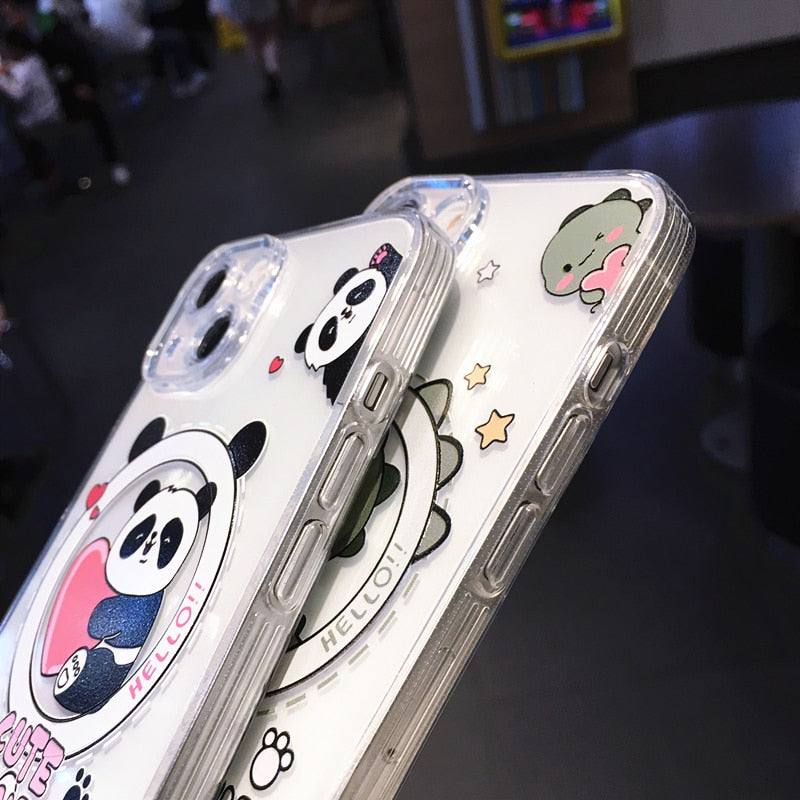Cute Panda Dinosaur Cartoon Design Megsafe iPhone Clear Protective Phone Case Cover