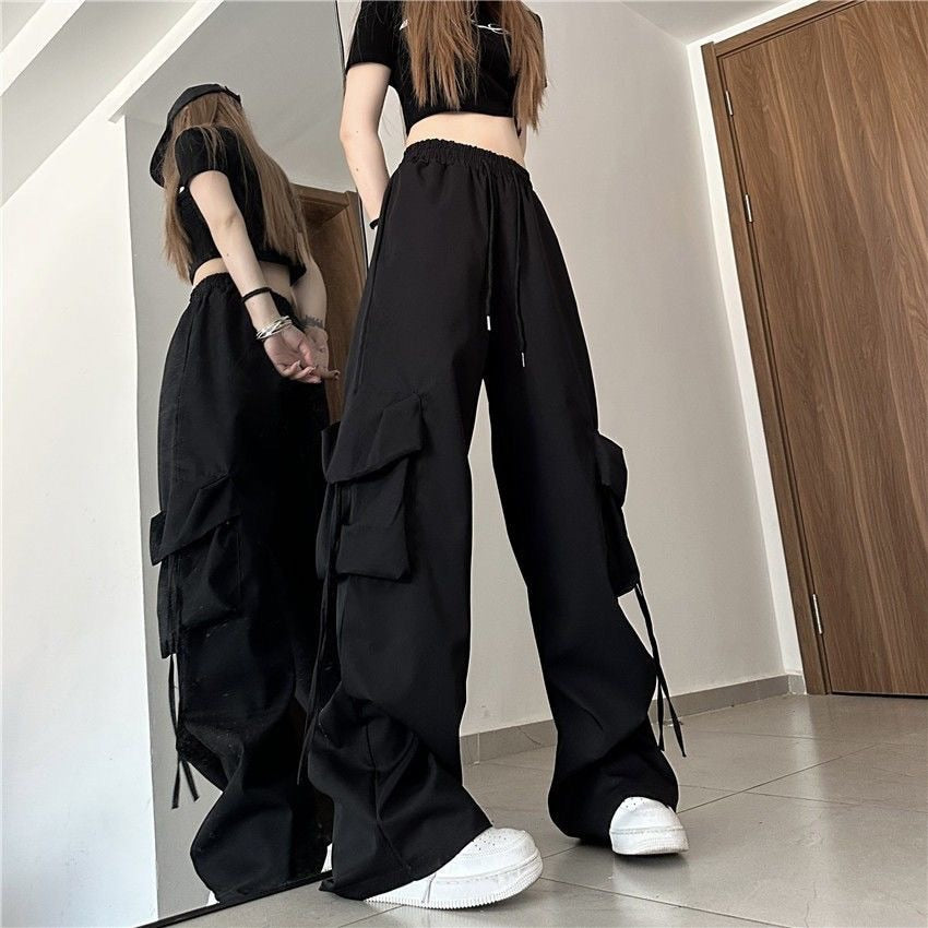 Solid Comfy Trendy Fashion Streetwear High Waist Wide Straight Leg Cargo Pants