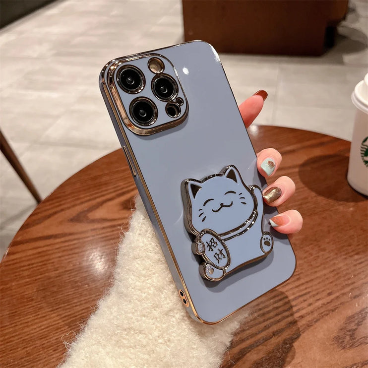 Cute Lucky Cat Folding Stand Phone Case Cover for iPhone 15 14 13 Pro Max Plus Mini