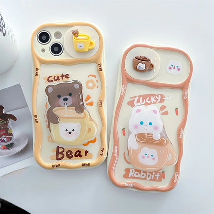 Cute 3D Milk Tea Bear Rabbit Camer Slider Holder Phone Case Cover For iPhone 15 14 13 12 11 Pro Max Plus