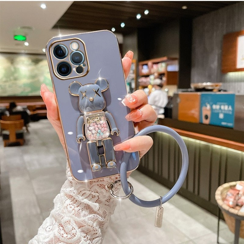 Cute Candy Bead Bear Holder with Wrist Ring Phone Cover Case For iPhone 14 13 Por Max Plus Mini