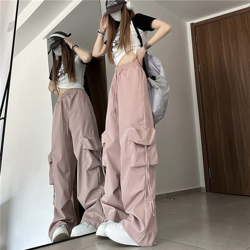 Solid Comfy Trendy Fashion Streetwear High Waist Wide Straight Leg Cargo Pants