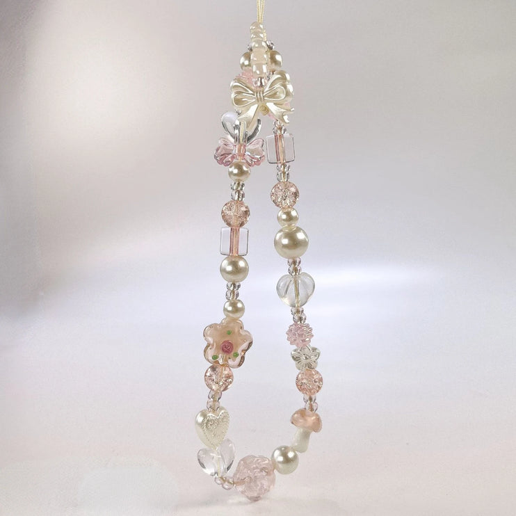 Elegant Sparkling Glass Bead Pearl Flower Bow Charm Phone Keychain Hand Strap