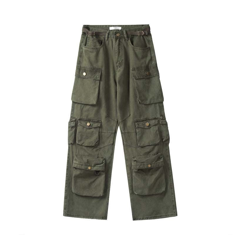 Stylish Multi-Pocket Cargo Pants Retro Street Fashion High Waist Wide Legs Casual Jeans