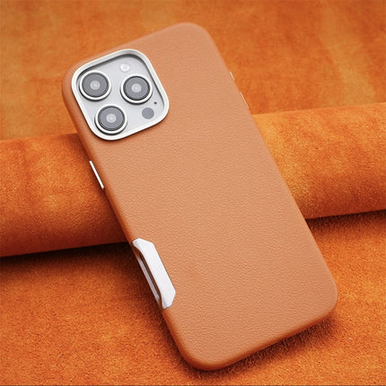 Luxury Leather MagSafe Magnetic Phone Case with Metal Hollow Buttons for iPhone