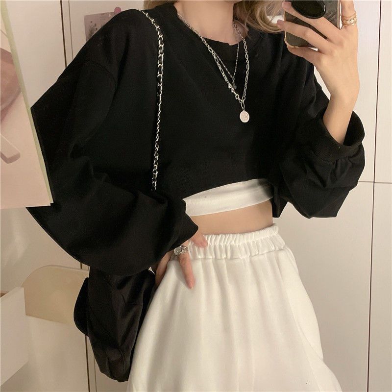 Basic Solid Stylish Streetwear Long Sleeve Loose Pullover Crop Sweatshirt Top