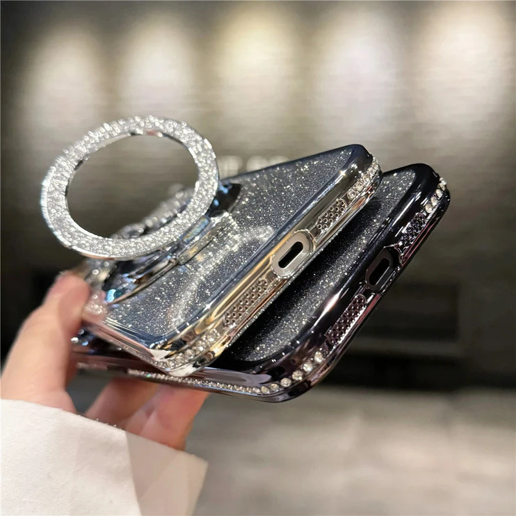 Glitter Crystal Rhinestone Magnetic Ring Holder MagSafe Phone Case Cover For iPhone 15 14 13 12 11 Pro Max Plus
