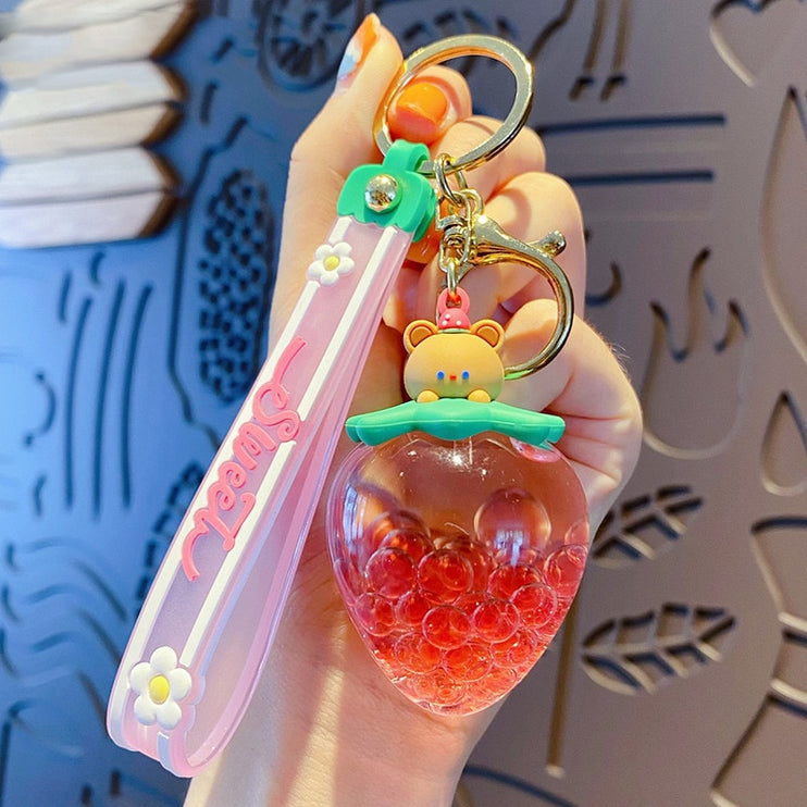 Cute Sweet Strawberry Fruit Cup Floating Liquid Charm Keyring Bag Pendant Charm Keychain