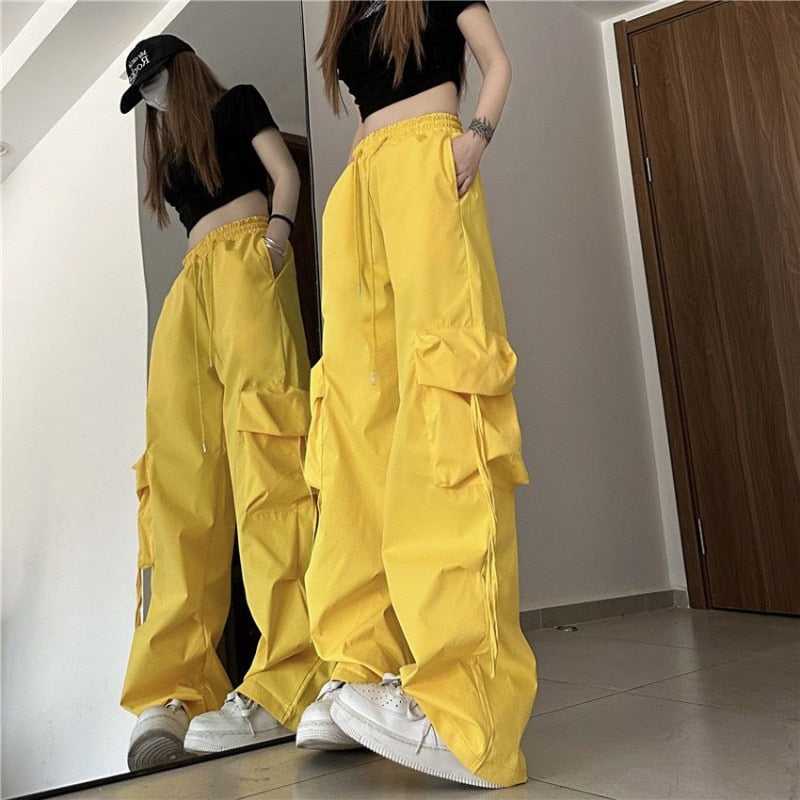 Solid Comfy Trendy Fashion Streetwear High Waist Wide Straight Leg Cargo Pants