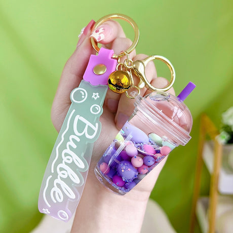 Cute Liquid Multi-colored Floating Bubble Boba Pearl Milk Tea Cup Jelly Bean Keyring Backpack Pendant Charm Keychain  
