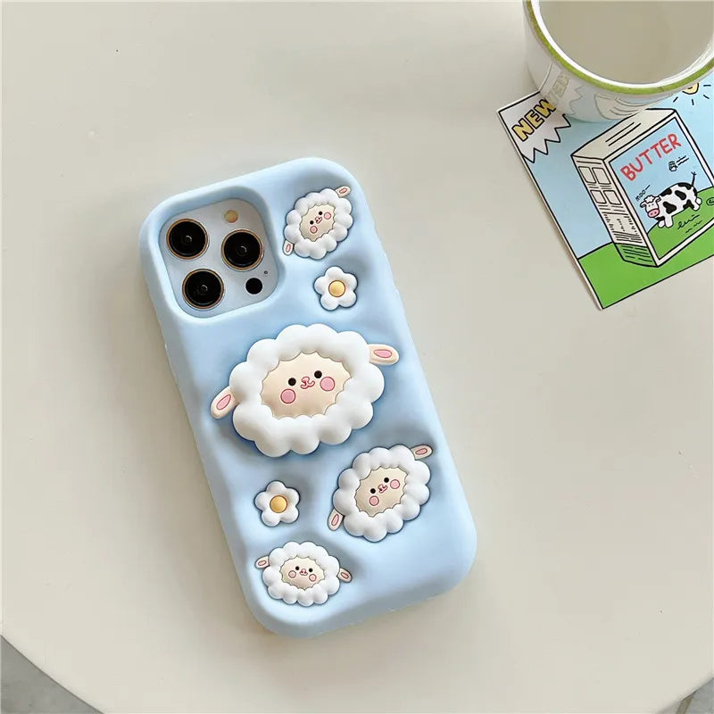 Cute 3D Sheep Daisy Holder Stand Phone Case Cover For iPhone 15 14 13 12 11 Pro Max